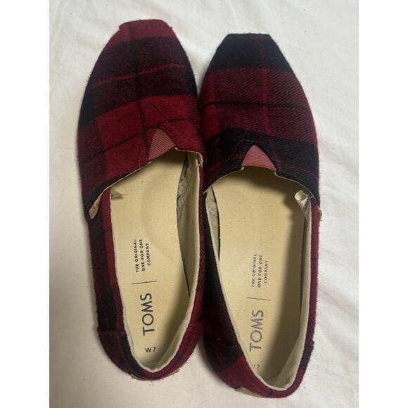 Toms Women's Buffalo Plaid Flannel Alpargata Slip Ons Red Black Size 7 Classic - Picture 4 of 5